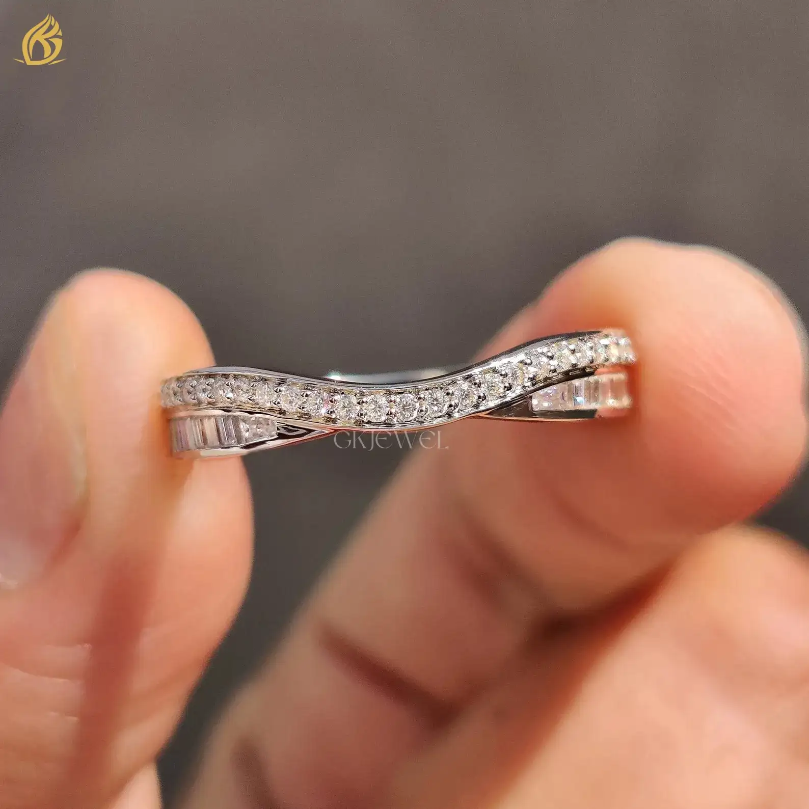 0.33CT Baguette and Round Moissanite Curvy Wedding Band, Half Eternity Band For Her