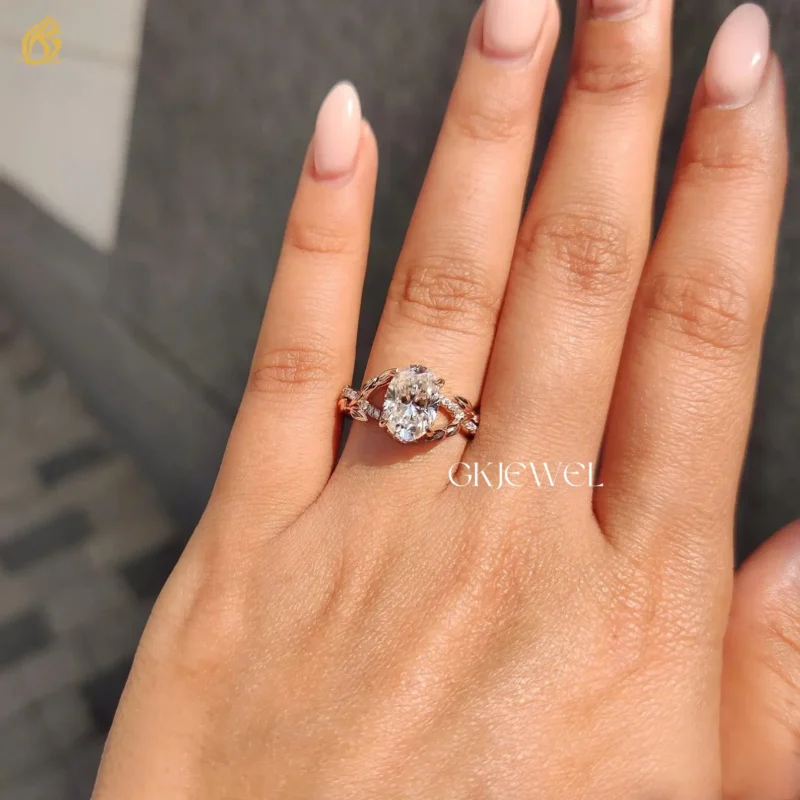 2.15Ct Oval Cut Twisted Pave Moissanite Wedding Ring Unique Hidden Halo Ring 2