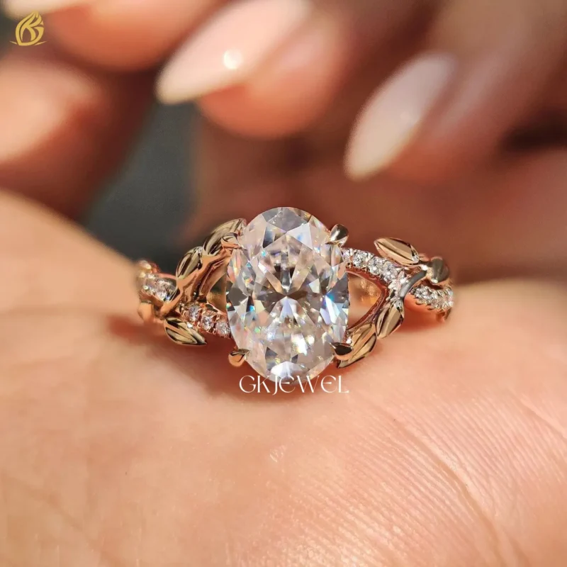 2.15Ct Oval Cut Twisted Pave Moissanite Wedding Ring Unique Hidden Halo Ring 3