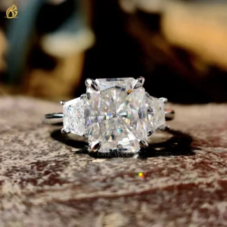 2.32 CT Radiant Cut Colorless Three Stone Moissanite Ring, Side Trapezoid Engagement Ring