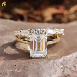 4.28 TCW Emerald Cut Colorless Moissanite, Baguette and Round Wedding Ring Set